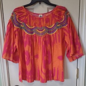 Boho Embroidered Pink Orange Women’s Peasant Top